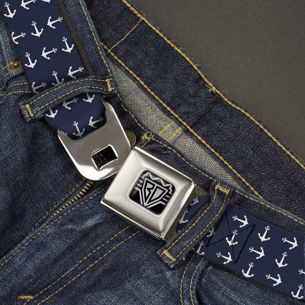 Buckle Down BD Wings Logo CLOSE-UP Full Color Black Silver Seatbelt Belt - Anchors Navy/White Webbing