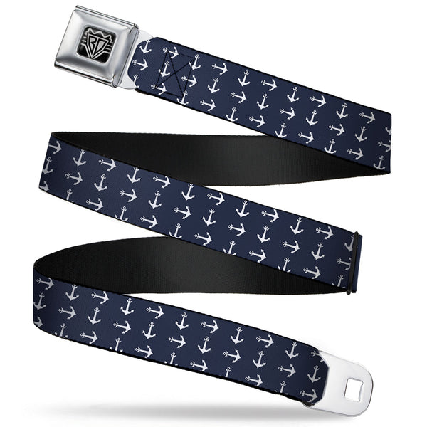 buckle down BD Wings Logo CLOSE-UP Full Color Black Silver Seatbelt Belt - Anchors Navy/White Webbing