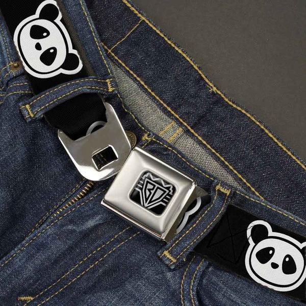 Buckle Down BD Wings Logo CLOSE-UP Full Color Black Silver Seatbelt Belt - Panda Bear Cartoon2 Black/White Webbing