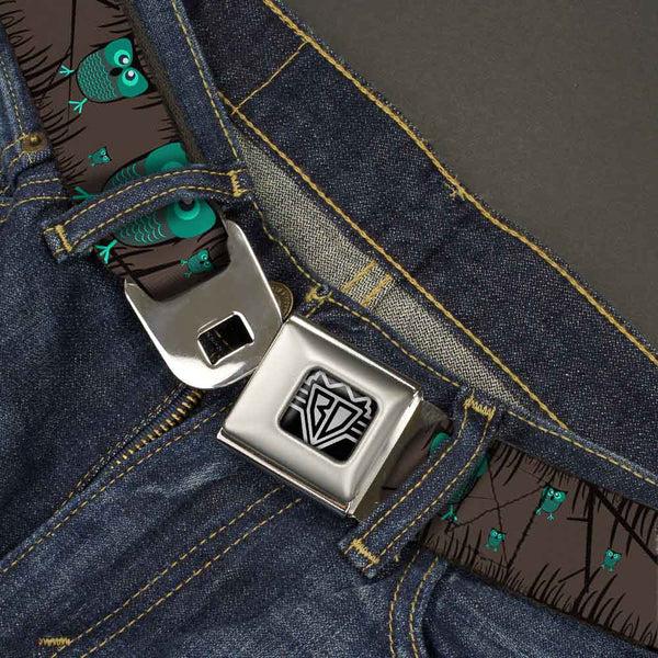 Buckle Down BD Wings Logo CLOSE-UP Full Color Black Silver Seatbelt Belt - Owls In Trees Turquoise Webbing