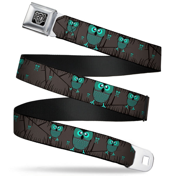 buckle down BD Wings Logo CLOSE-UP Full Color Black Silver Seatbelt Belt - Owls in Trees Turquoise Webbing