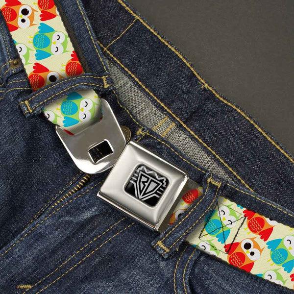 Buckle Down BD Wings Logo CLOSE-UP Full Color Black Silver Seatbelt Belt - Owl Eyes Yellow/Reds/Blues Webbing