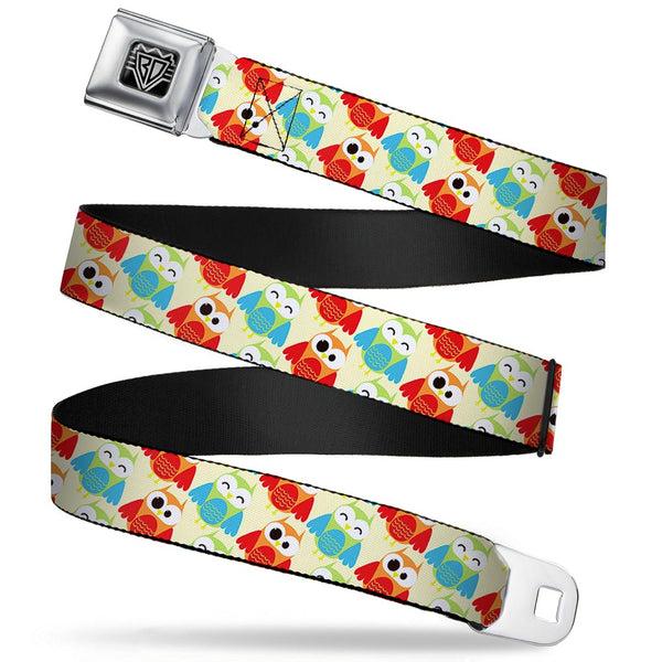 buckle down BD Wings Logo CLOSE-UP Full Color Black Silver Seatbelt Belt - Owl Eyes Yellow/Reds/Blues Webbing