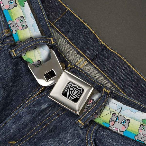 Buckle Down BD Wings Logo CLOSE-UP Full Color Black Silver Seatbelt Belt - Hippo Cartoon Webbing