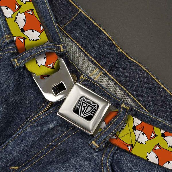 Buckle Down BD Wings Logo CLOSE-UP Full Color Black Silver Seatbelt Belt - Fox Face Scattered Warm Olive2 Webbing