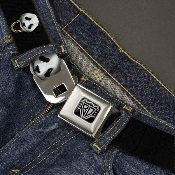 Buckle Down BD Wings Logo CLOSE-UP Full Color Black Silver Seatbelt Belt - Panda W/Gold Chain Black Webbing