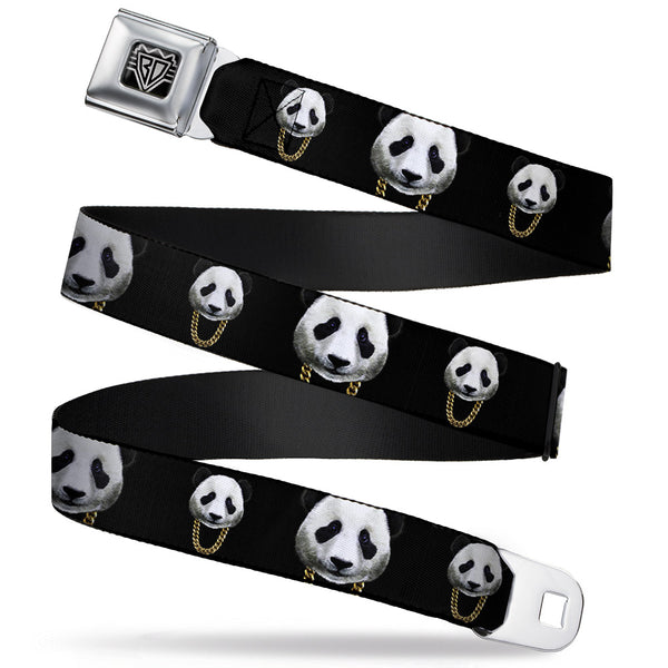 buckle down BD Wings Logo CLOSE-UP Full Color Black Silver Seatbelt Belt - Panda w/Gold Chain Black Webbing