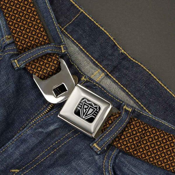 Buckle Down BD Wings Logo CLOSE-UP Full Color Black Silver Seatbelt Belt - Bone & Paw Monogram Brown/Orange Webbing