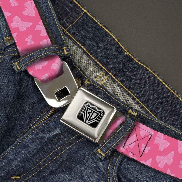 Buckle Down BD Wings Logo CLOSE-UP Full Color Black Silver Seatbelt Belt - Butterflies Pink Webbing