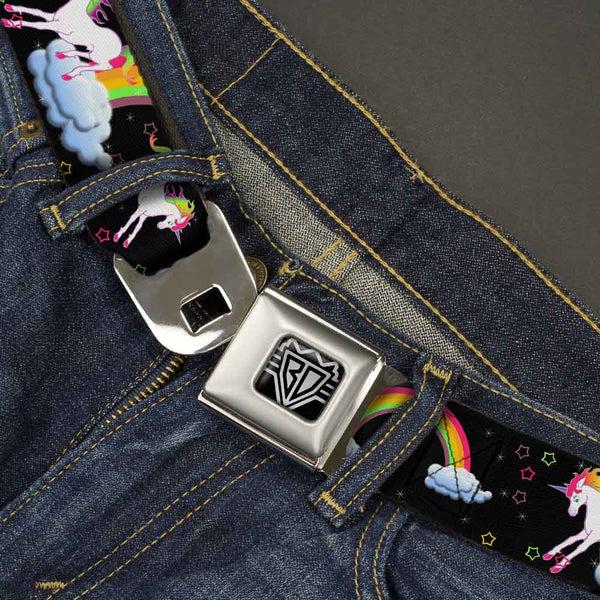 Buckle Down BD Wings Logo CLOSE-UP Full Color Black Silver Seatbelt Belt - Unicorns/Rainbows/Stars Black Webbing