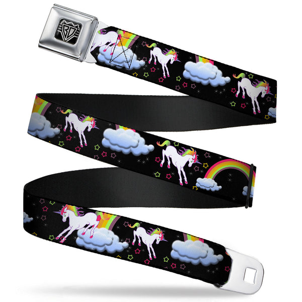 buckle down BD Wings Logo CLOSE-UP Full Color Black Silver Seatbelt Belt - Unicorns/Rainbows/Stars Black Webbing