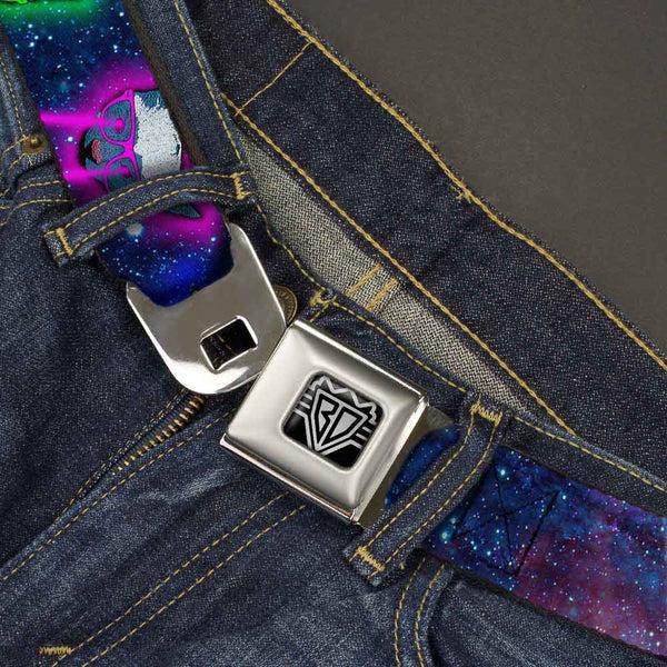 Buckle Down BD Wings Logo CLOSE-UP Full Color Black Silver Seatbelt Belt - Laser Eye Cats In Space Webbing