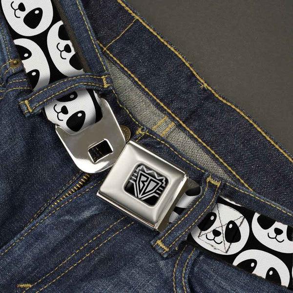 Buckle Down BD Wings Logo CLOSE-UP Full Color Black Silver Seatbelt Belt - Smiling Panda Repeat Black/White Webbing