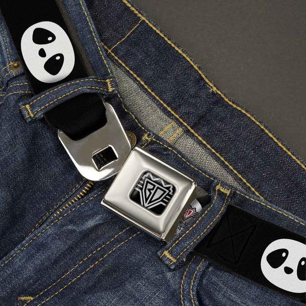 Buckle Down BD Wings Logo CLOSE-UP Full Color Black Silver Seatbelt Belt - Panda Face Black/White Webbing