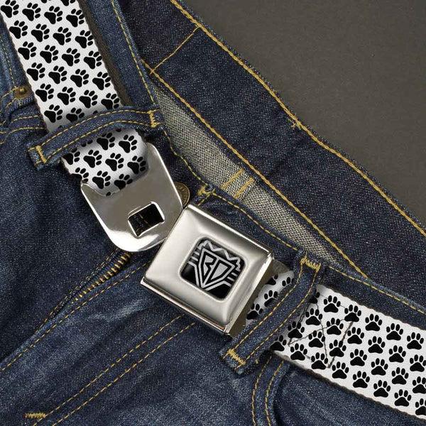 Buckle Down BD Wings Logo CLOSE-UP Full Color Black Silver Seatbelt Belt - Paw Print White/Black Webbing