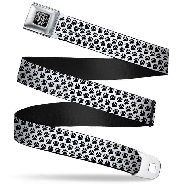 buckle down BD Wings Logo CLOSE-UP Full Color Black Silver Seatbelt Belt - Paw Print White/Black Webbing