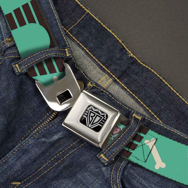 Buckle Down BD Wings Logo CLOSE-UP Full Color Black Silver Seatbelt Belt - Dog House & Bone Turquoise/Brown Webbing