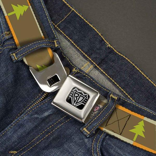 Buckle Down BD Wings Logo CLOSE-UP Full Color Black Silver Seatbelt Belt - Pine Trees Blocks Olive/Orange/Tan Webbing