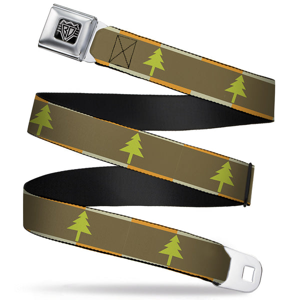 buckle down BD Wings Logo CLOSE-UP Full Color Black Silver Seatbelt Belt - Pine Trees Blocks Olive/Orange/Tan Webbing