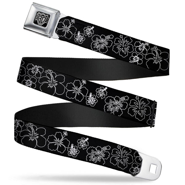 buckle down BD Wings Logo CLOSE-UP Full Color Black Silver Seatbelt Belt - Hibiscus Outline Black/White Webbing