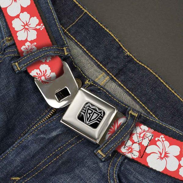 Buckle Down BD Wings Logo CLOSE-UP Full Color Black Silver Seatbelt Belt - Hibiscus Light Red/White Webbing