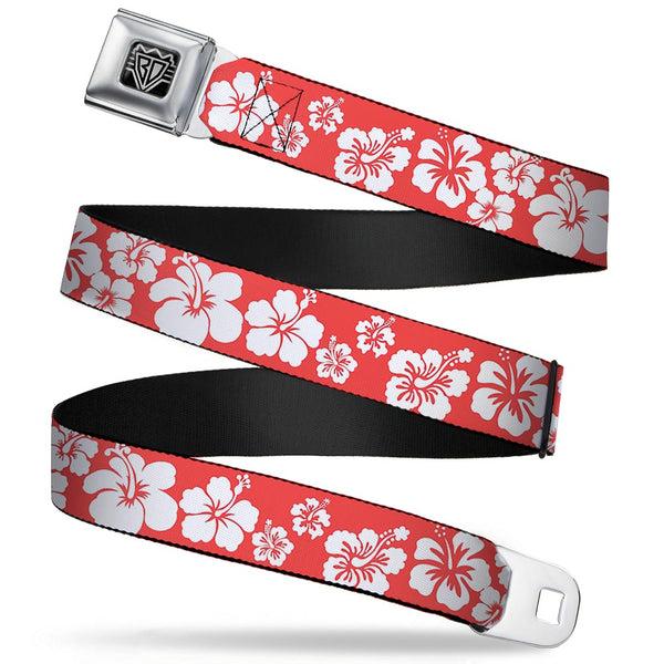 buckle down BD Wings Logo CLOSE-UP Full Color Black Silver Seatbelt Belt - Hibiscus Light Red/White Webbing