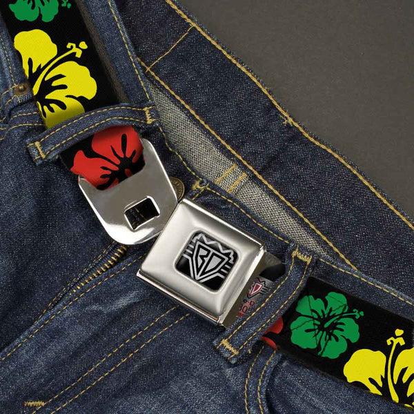 Buckle Down BD Wings Logo CLOSE-UP Full Color Black Silver Seatbelt Belt - Hibiscus CLOSE-UP Black/Green/Yellow/Red Webbing