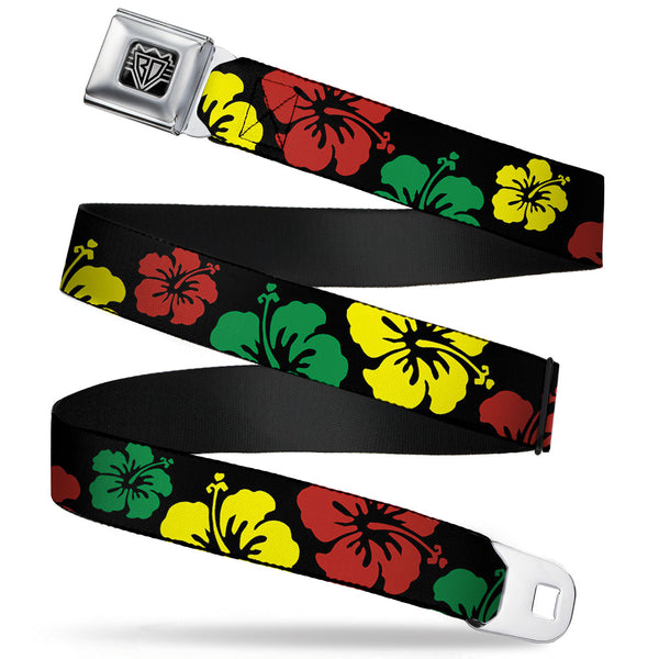 buckle down BD Wings Logo CLOSE-UP Full Color Black Silver Seatbelt Belt - Hibiscus CLOSE-UP Black/Green/Yellow/Red Webbing