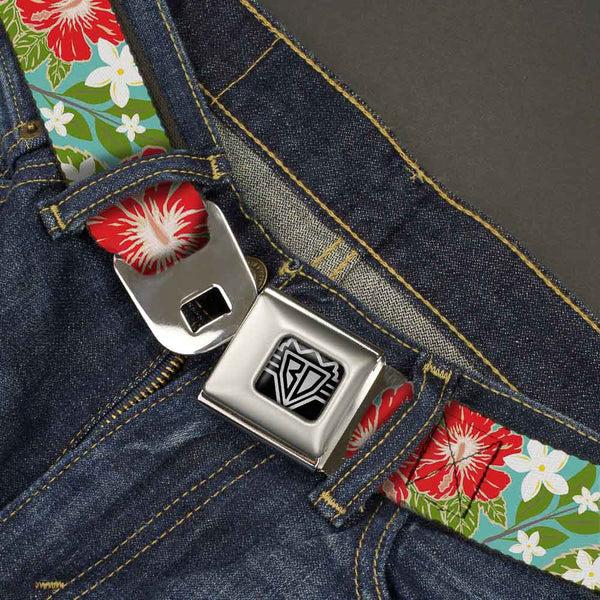 Buckle Down BD Wings Logo CLOSE-UP Full Color Black Silver Seatbelt Belt - Hibiscus & Plumerias Turquoise/Green/Red/White Webbing
