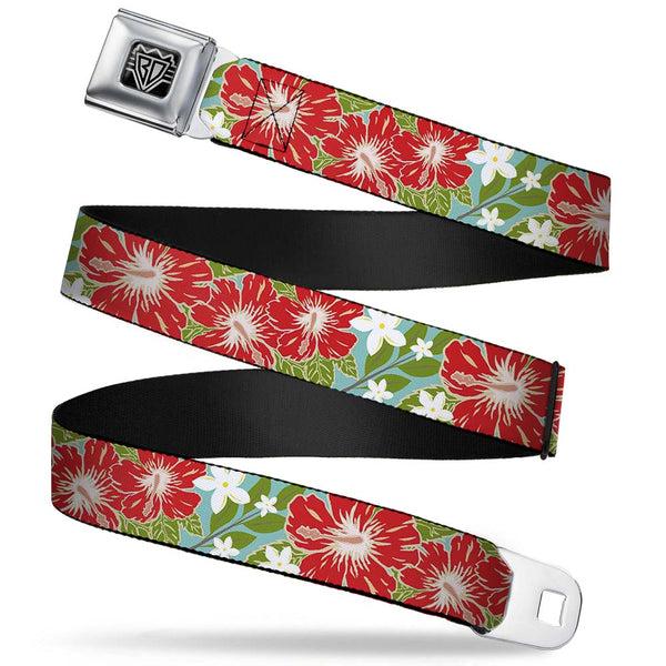 buckle down BD Wings Logo CLOSE-UP Full Color Black Silver Seatbelt Belt - Hibiscus & Plumerias Turquoise/Green/Red/White Webbing