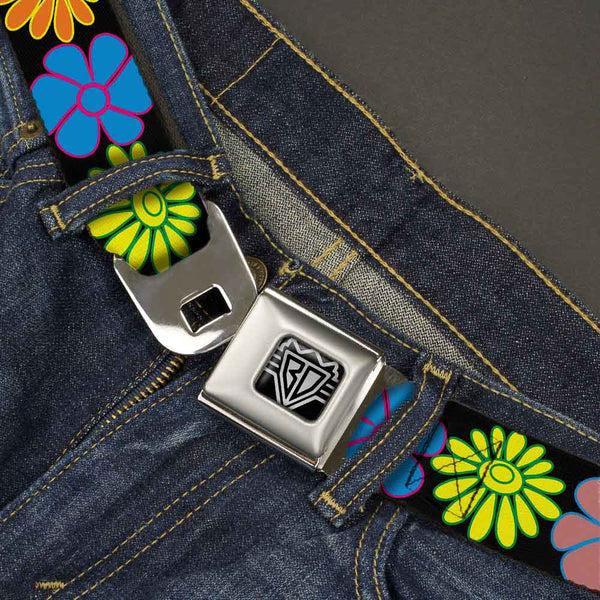 Buckle Down BD Wings Logo CLOSE-UP Full Color Black Silver Seatbelt Belt - Flowers Black/Multi Color Webbing