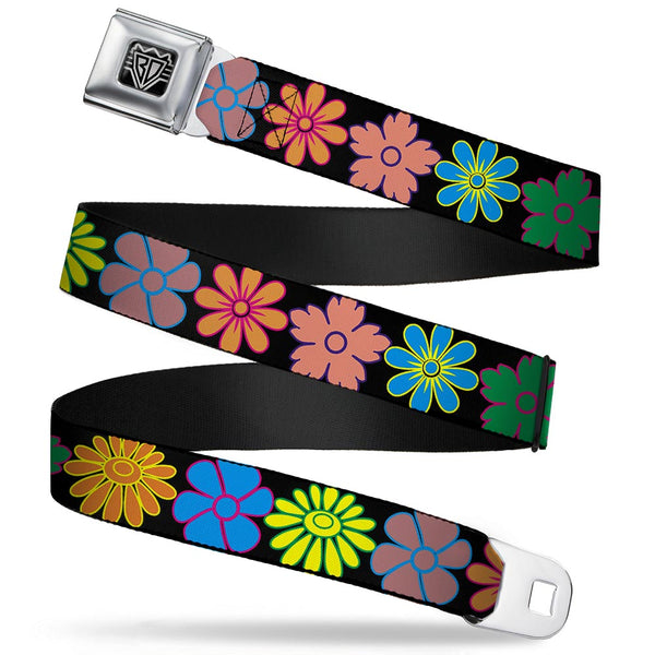 buckle down BD Wings Logo CLOSE-UP Full Color Black Silver Seatbelt Belt - Flowers Black/Multi Color Webbing