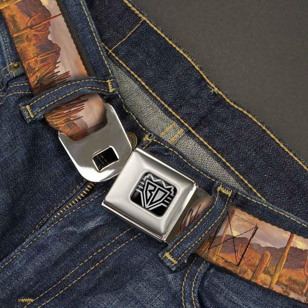 Buckle Down BD Wings Logo CLOSE-UP Full Color Black Silver Seatbelt Belt - Landscape Desert Cacti Webbing