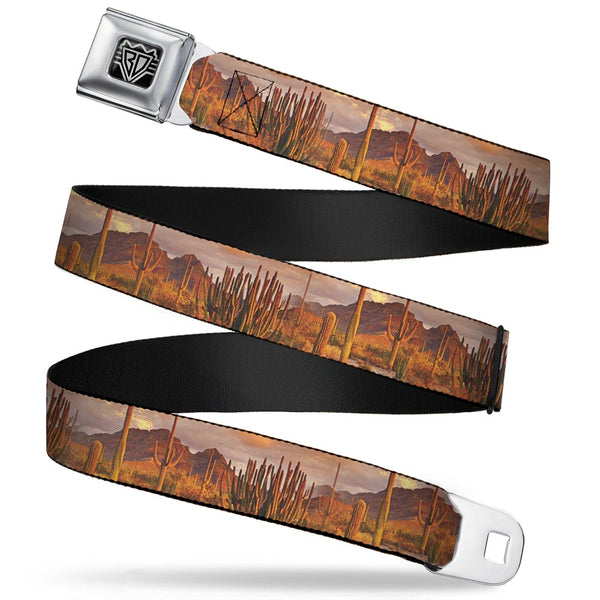 buckle down BD Wings Logo CLOSE-UP Full Color Black Silver Seatbelt Belt - Landscape Desert Cacti Webbing