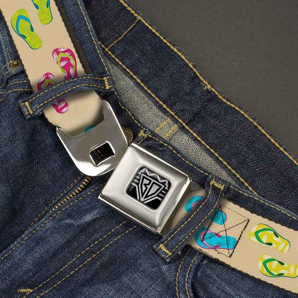 Buckle Down BD Wings Logo CLOSE-UP Full Color Black Silver Seatbelt Belt - Tropical Flip Flops Tan/Multi Color Webbing