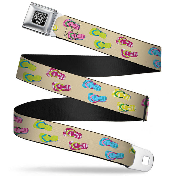 buckle down BD Wings Logo CLOSE-UP Full Color Black Silver Seatbelt Belt - Tropical Flip Flops Tan/Multi Color Webbing