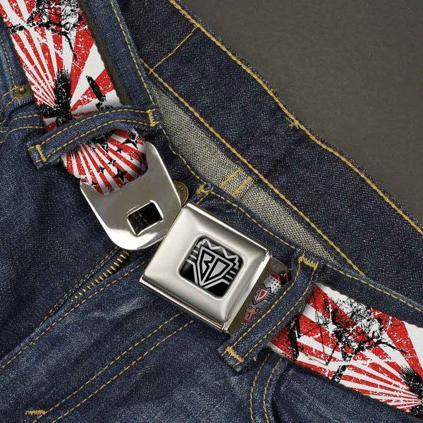 Buckle Down BD Wings Logo CLOSE-UP Full Color Black Silver Seatbelt Belt - Rising Sun White/Red Webbing