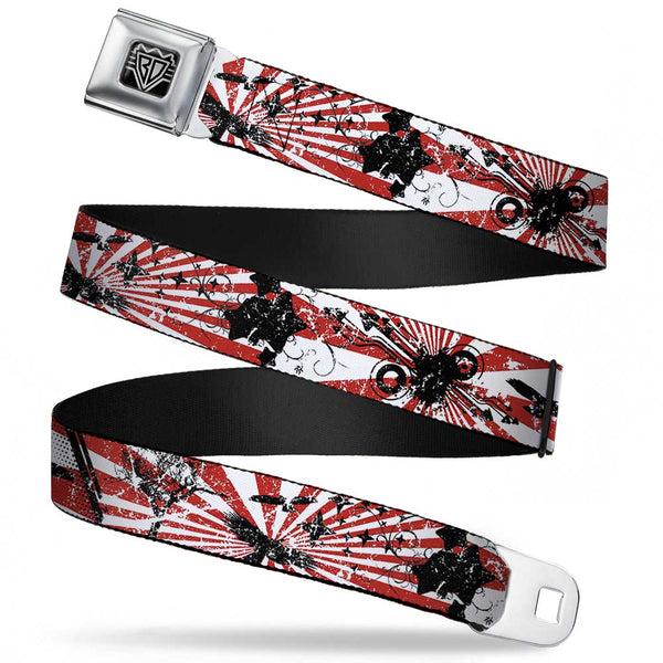 buckle down BD Wings Logo CLOSE-UP Full Color Black Silver Seatbelt Belt - Rising Sun White/Red Webbing