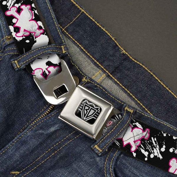 Buckle Down BD Wings Logo CLOSE-UP Full Color Black Silver Seatbelt Belt - Heart & Cross Bones W/Splatter Black/White Webbing