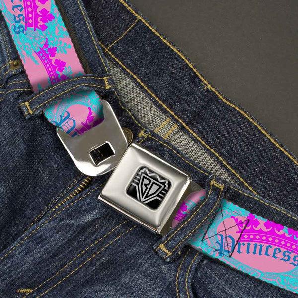 Buckle Down BD Wings Logo CLOSE-UP Full Color Black Silver Seatbelt Belt - Crown Princess Oval Pink/Turquoise Webbing