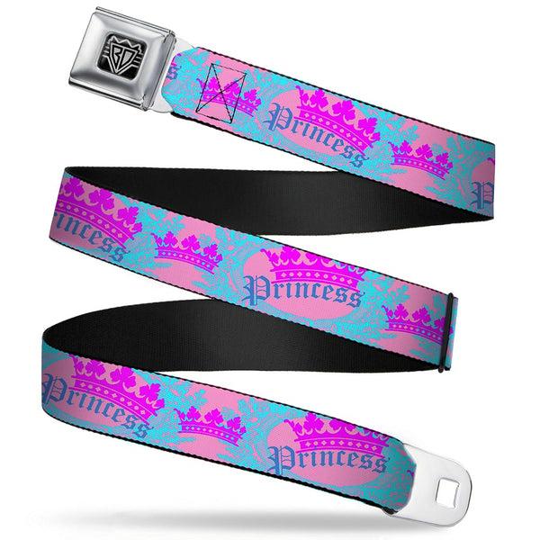 buckle down BD Wings Logo CLOSE-UP Full Color Black Silver Seatbelt Belt - Crown Princess Oval Pink/Turquoise Webbing