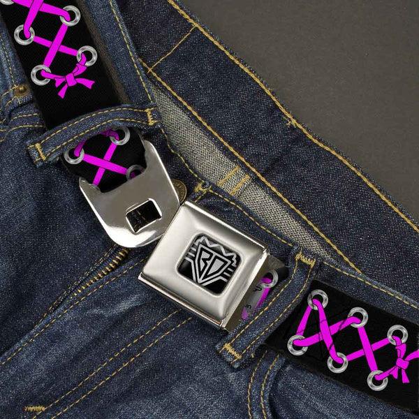 Buckle Down BD Wings Logo CLOSE-UP Full Color Black Silver Seatbelt Belt - Corset Lace Up Black/Fuchsia Webbing