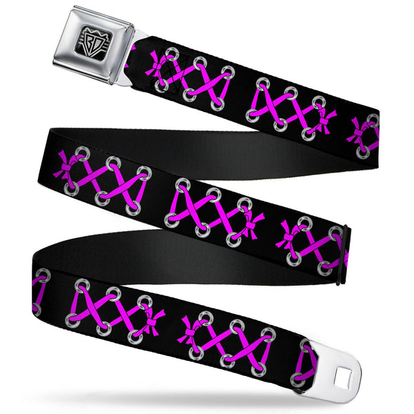 buckle down BD Wings Logo CLOSE-UP Full Color Black Silver Seatbelt Belt - Corset Lace Up Black/Fuchsia Webbing