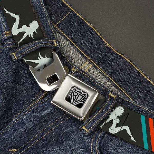 Buckle Down BD Wings Logo CLOSE-UP Full Color Black Silver Seatbelt Belt - Mud Flap Girls W/Stripes Gray/Turquoise/Orange Webbing