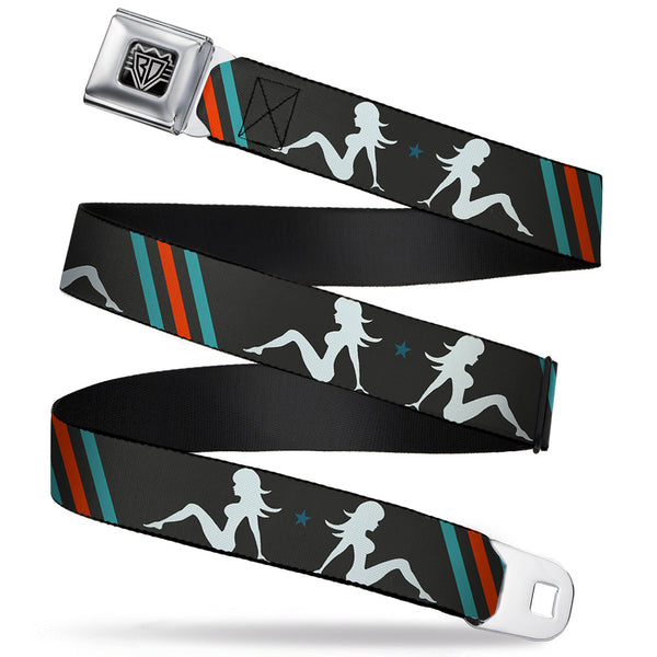 buckle down BD Wings Logo CLOSE-UP Full Color Black Silver Seatbelt Belt - Mud Flap Girls w/Stripes Gray/Turquoise/Orange Webbing