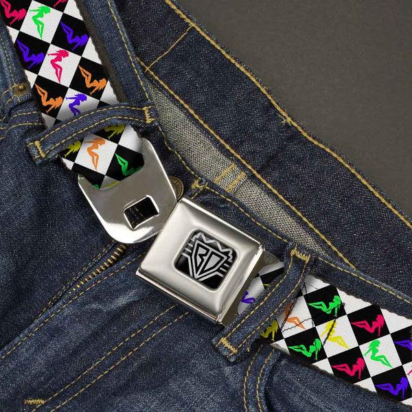 Buckle Down BD Wings Logo CLOSE-UP Full Color Black Silver Seatbelt Belt - Mud Flap Girl Diamonds Black/White/Multi Neon Webbing