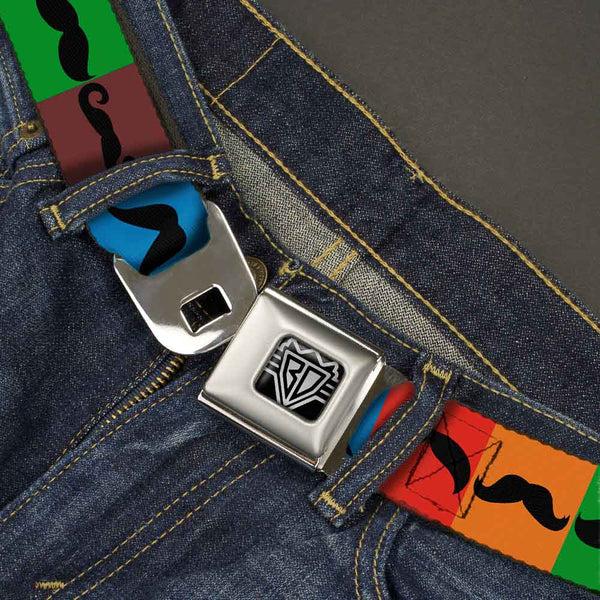 Buckle Down BD Wings Logo CLOSE-UP Full Color Black Silver Seatbelt Belt - Mustaches Multi Color Blocks/Black Webbing
