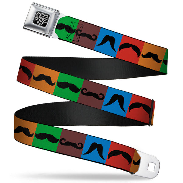 buckle down BD Wings Logo CLOSE-UP Full Color Black Silver Seatbelt Belt - Mustaches Multi Color Blocks/Black Webbing