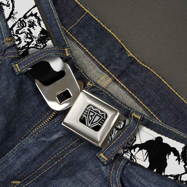 Buckle Down BD Wings Logo CLOSE-UP Full Color Black Silver Seatbelt Belt - Zombies White/Black Webbing
