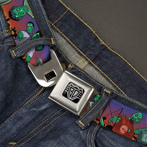 Buckle Down BD Wings Logo CLOSE-UP Full Color Black Silver Seatbelt Belt - Walking Zombies Webbing